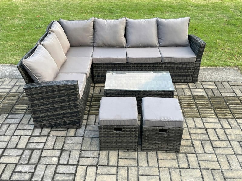 Fimous 8 Seater Outdoor Furniture Garden Dining Set Rattan Corner Sofa Set with Rectangular Coffee Table 2 Small Footstools Dark Grey Mixed