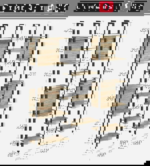 Modcraft Industrial Bookshelf with 14 Shelves – Turquoise Brown & Black Metal Frame – 158cm Wide Bookcase