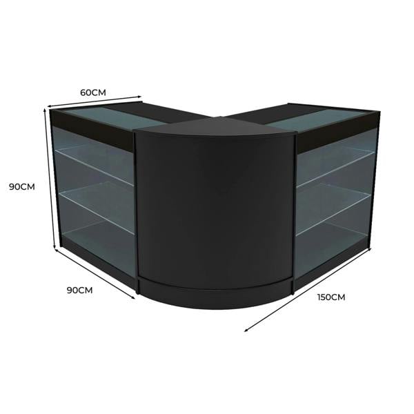 Curved black LED shop counter set with glass shelves, measuring 60cm by 150cm, ideal for retail displays and product showcases