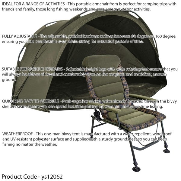 1 Man Waterproof Carp Fishing Bivvy Tent & Reclining Height Adjustable Chair Set - LoopsDirect