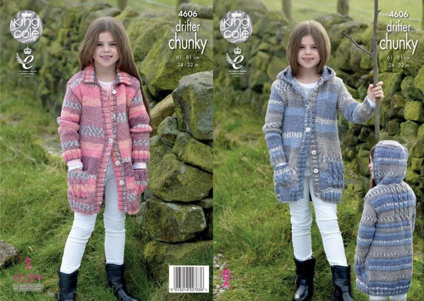 King Cole Drifter Knitting Pattern 4606, Coats for Kids, 24 - 32 Inches - Intermediate