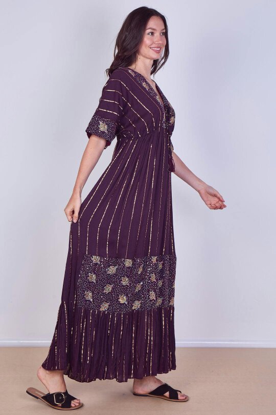 Boho Sequin leaf Embroidered Maxi Dress