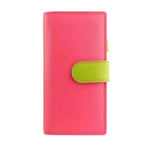 Front view of Pink wallet  with a green strap on a white background