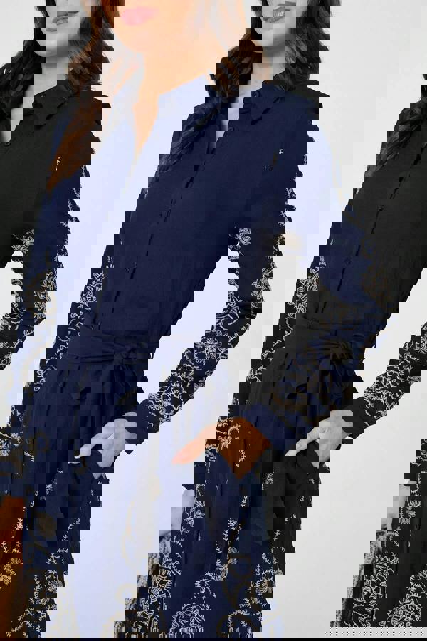 Navy | Embroidered Long Sleeve Shirt Midi Dress