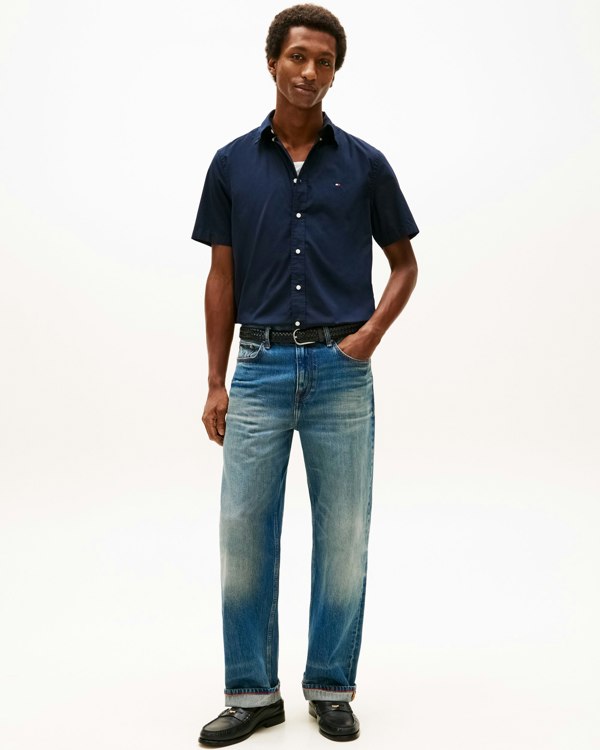 Tommy Hilfiger Core Flex Poplin Solid Mens Short Sleeve Shirt - Navy Blue