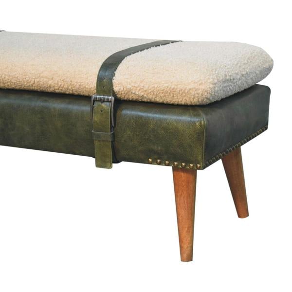 Artisan Furniture Bouclé Buffalo Hide Olive Green Leather Bench