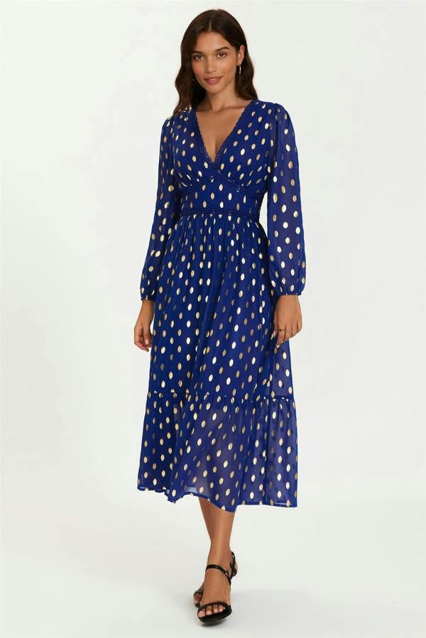 FS Collection Lace Trim Foil Long Sleeve Maxi Dress In Royal Blue