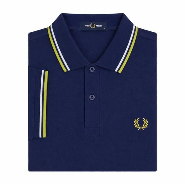 Fred Perry French Navy polo with Dusky Blue and Citron twin tipping on collar and sleeves, M size.