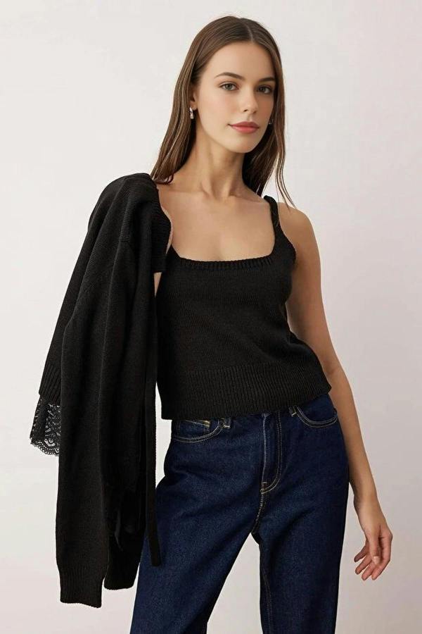 WOVCOR 2-Piece Lace-Edge Knit Cardigan-Blouse Set
