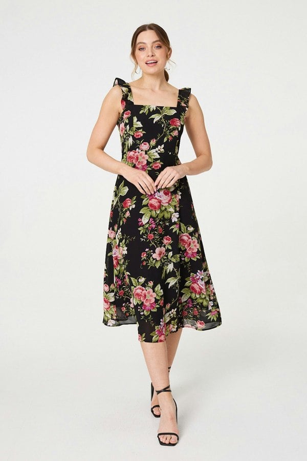 Black | Floral Frill Sleeveless A-Line Midi Dress
