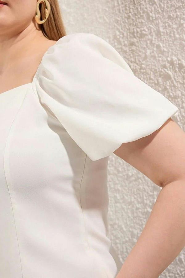 WOVCOR Square Neck Balloon Sleeve Button Detail Woven Plus Size Blouse
