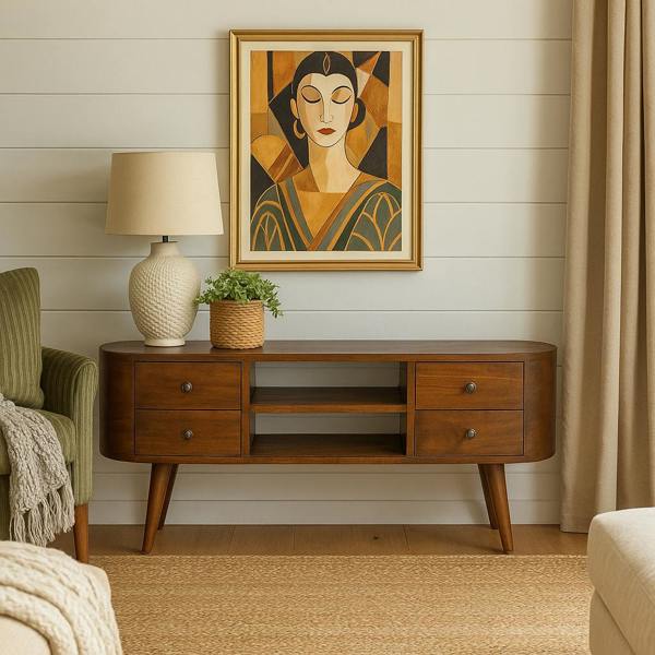 Wyld Haus Brescia Chestnut Mango Wood Round TV Entertainment Unit 4 Drawers