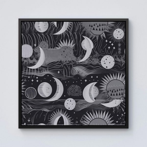 Warren Reed Abstract Black White Moon and Sun Framed Canvas