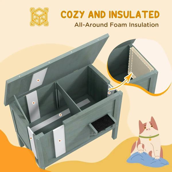 Insulated wooden cat house with open roof showing foam interior partitions