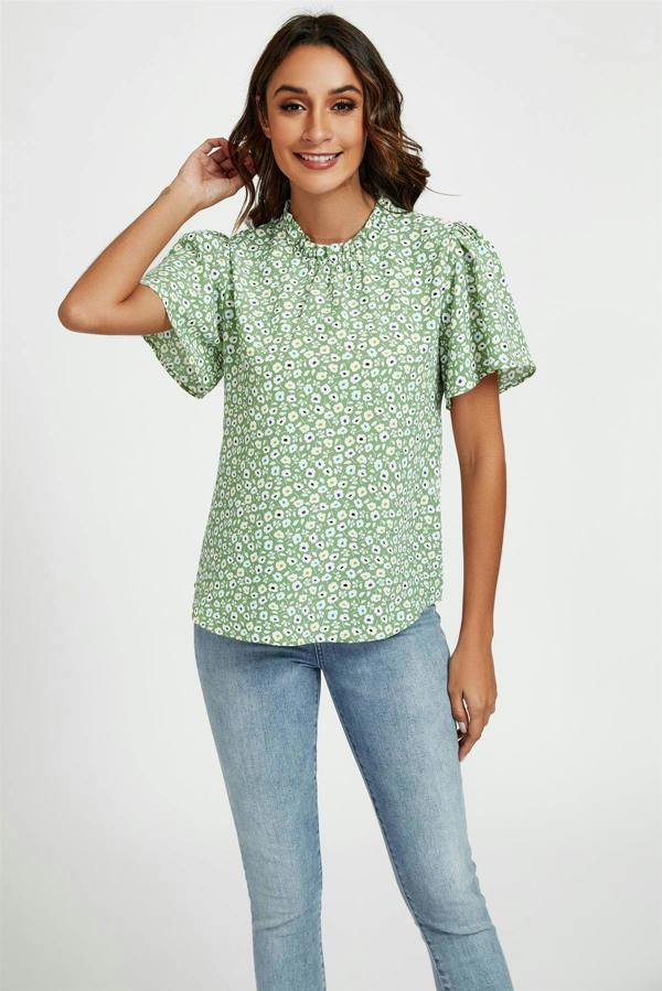 FS Collection Little Floral Print Angle Sleeve High Neck Top/Blouse In Green