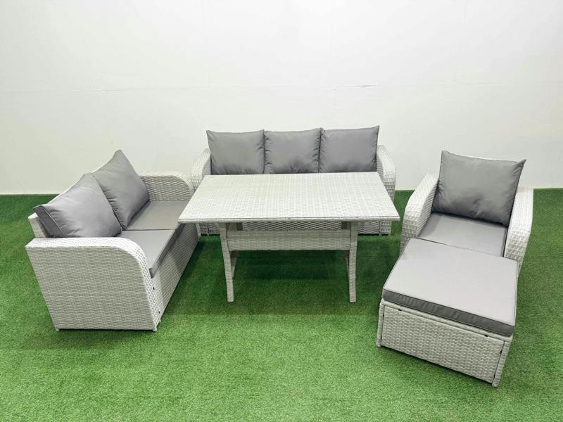 Fimous 7 Seater PE Wicker Rattan Garden Furniture Patio Set, Dining Table, Reclining Chair, Loveseat, 3 Seater Sofa, Big Footstool, Light Grey