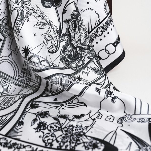 Monochrome Nautical Twill Silk Scarf – Printed Mulberry Silk, Hand-Rolled Hem