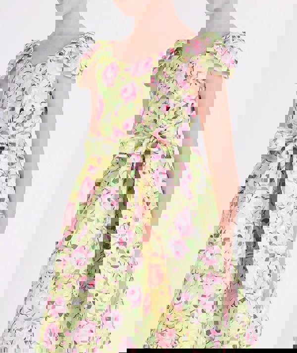 Mama Luma Girls Flower Print Dress With Belt in Yellow