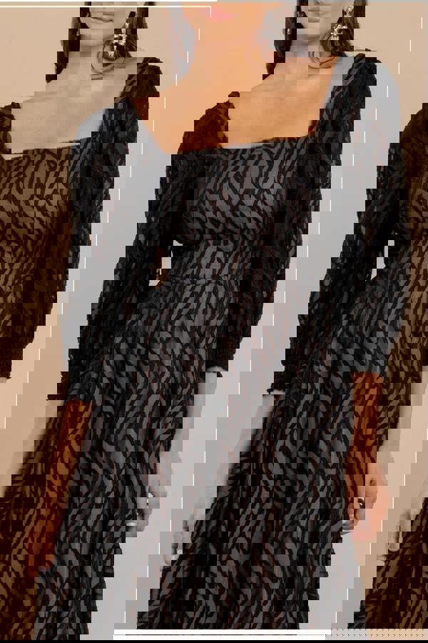 Puff Sleeve Side Slit Flared Jacquard Chiffon Midi Dress - Black DR4447