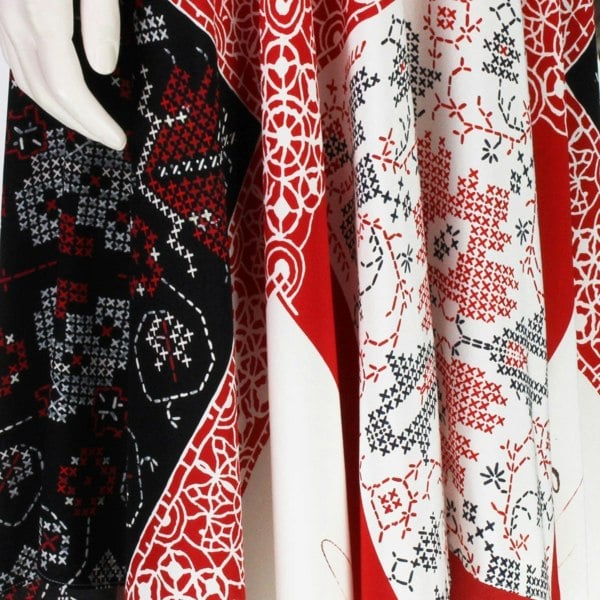 Alexander McQueen patchwork patterned dress in red, black and white with scoop  neckline and trapeze hemline