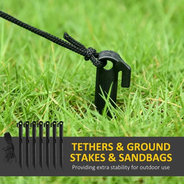 Inflatable tether and ground stakes with sandbags for secure outdoor setup