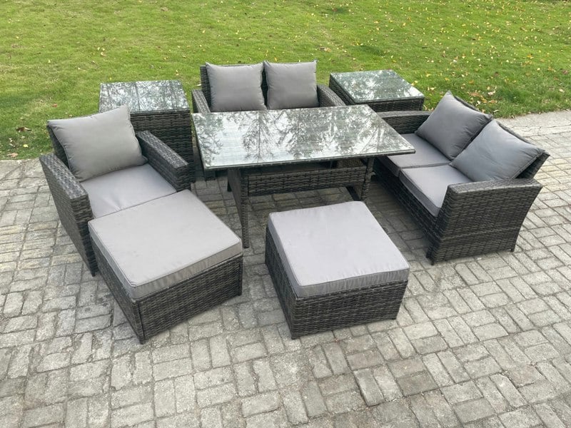 Fimous Outdoor Garden Dining Set - Dark Grey Mixed PE Wicker Rattan Sofa with Rectangular Dining Table & 2 Big Footstools