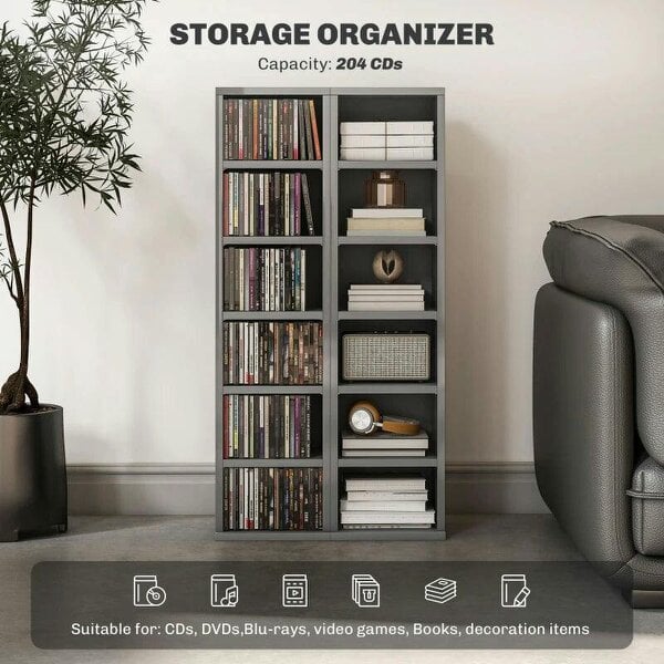 Bobobiy Set of 2 CD Media Display Shelf Unit Tower Rack with Adjustable Shelves, High Gloss Grey