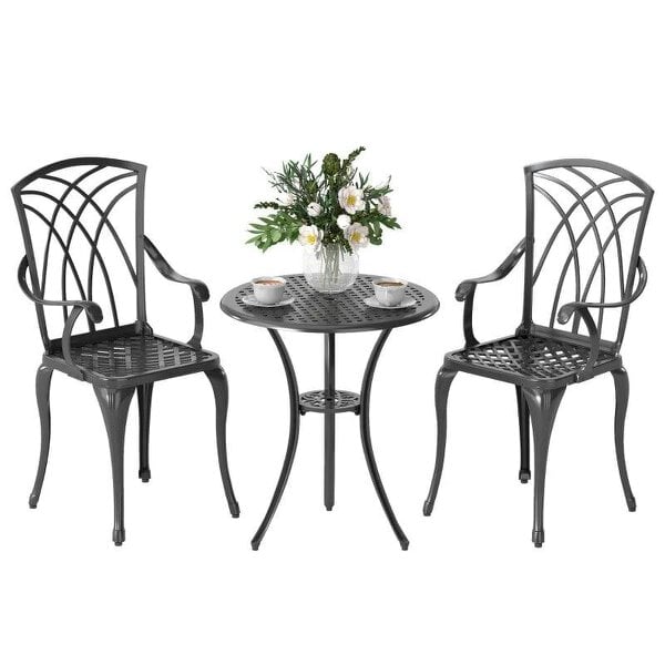 Bobobiy 3 Pieces Garden Dining Set for 2, Cast Aluminium Outdoor Dining Set with 2 Armchairs and Round Dining Table with Parasol Hole, Brown