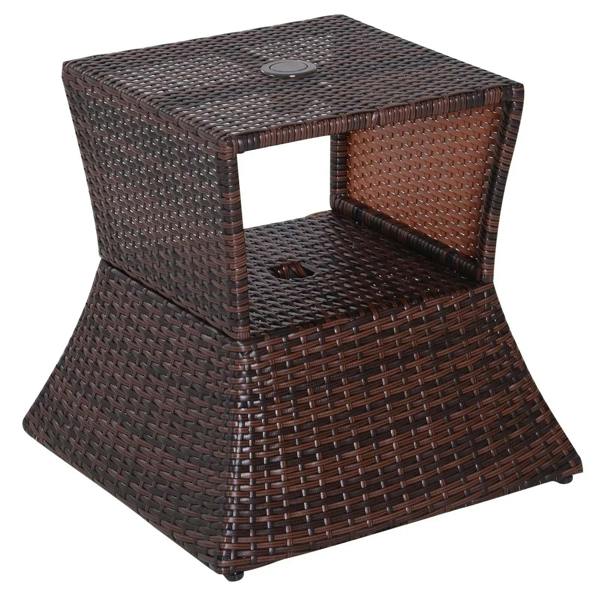 Brown rattan outdoor coffee table with open shelf and umbrella hole on top