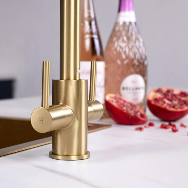 Flode Hammerfest | Dual Lever Kitchen Sink Mixer Tap with Swivel Spout | Brushed Brass Finish