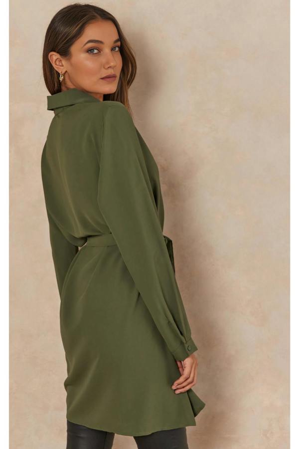 Hoxton Gal Oversized Tie Detailed Shirt Tunic with Long Sleeves in Khaki