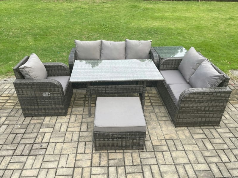 Fimous 7 Seater Garden Rattan Furniture Dining Table Sofa Set Indoor Outdoor with Reclining Chairs Big Footstool Side Table Dark Grey Mixed