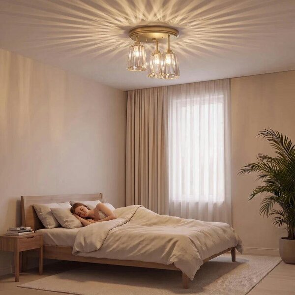 3-Light Crystal Glass Ceiling Light, Triple Head with Dual Mounting, Modern Ceiling Lamp for Living Room, Gold Tone
