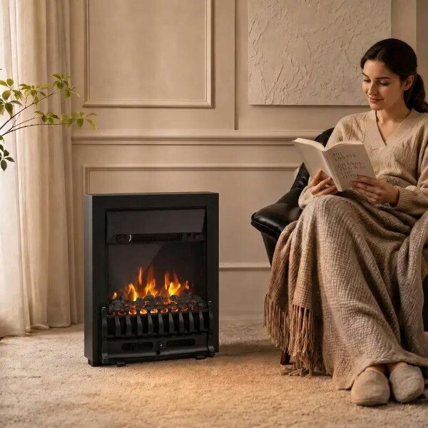 Electric Fireplace Stove Freestanding/ Inset, 1000W/2000W, Electric Fire Heater with LED Flame Effect, Coal Logs, Black - Black
