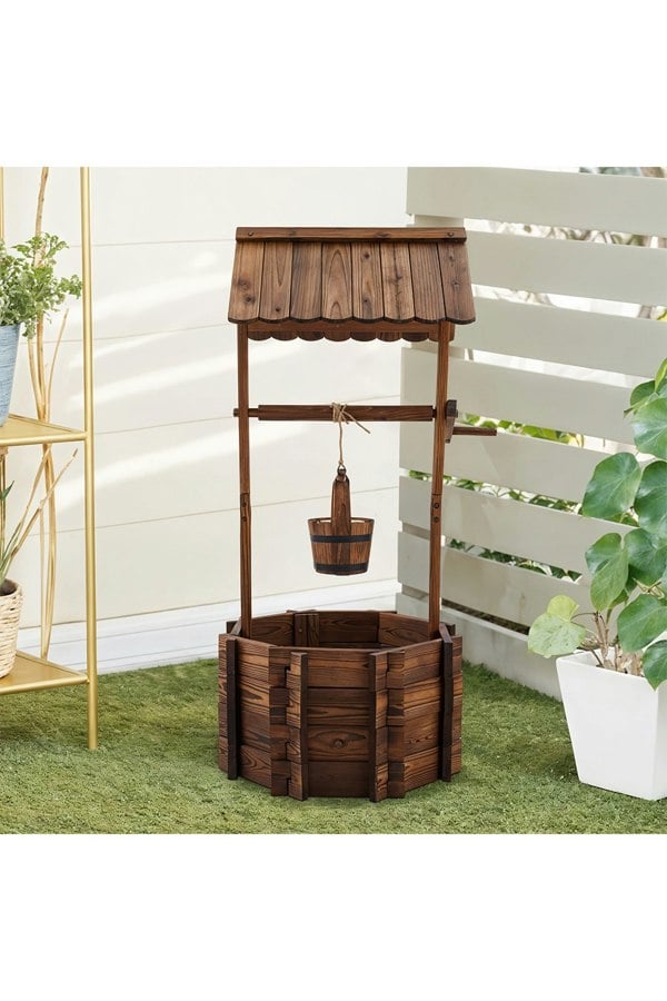 Living and Home Rustic Wooden Wishing Well Planter Gardening Decor