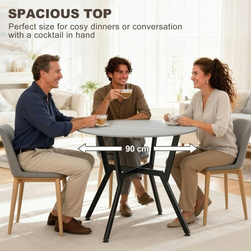 Wyld Haus Donato Grey Round Dining Table With Black Metal Legs And Anti Slip Feet 90cm