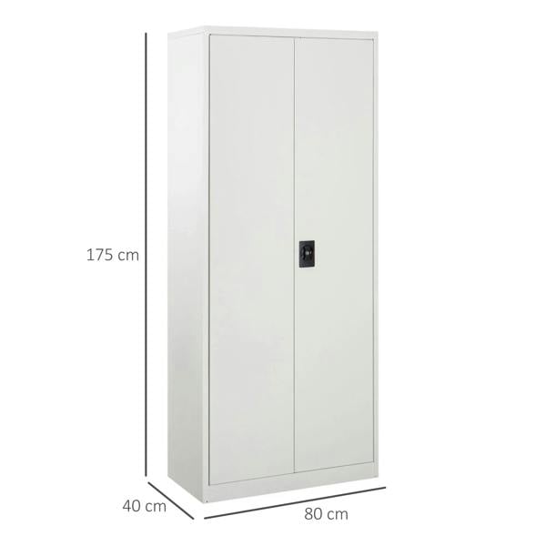 White tall filing cabinet, 175 cm high, 80 cm wide, with two front doors and lock.
