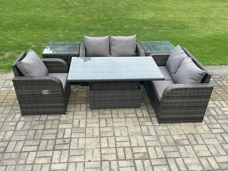 Fimous 5 Seater Rattan Furniture Garden Dining Set Outdoor Height Adjustable Rising lifting Table Love Sofa Chair With 2 Side Tables
