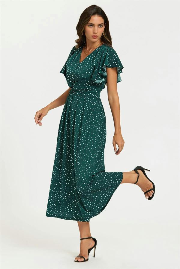 FS Collection Polka Dot Angel Sleeve Twist Jumpsuit In Green