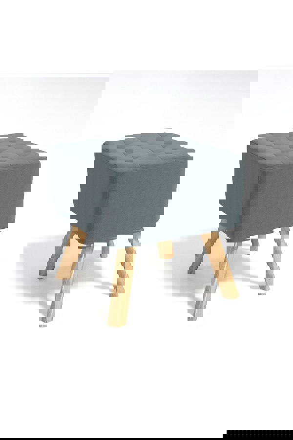 Living and Home Grey Linen Padded Wooden Leg Square Footstool