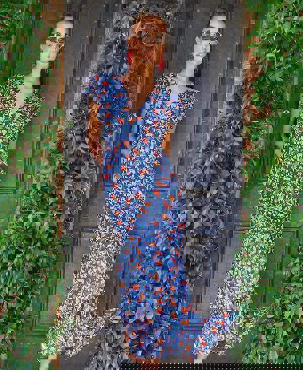 Needs No Label Blue Floral Ruffle Midi Dress