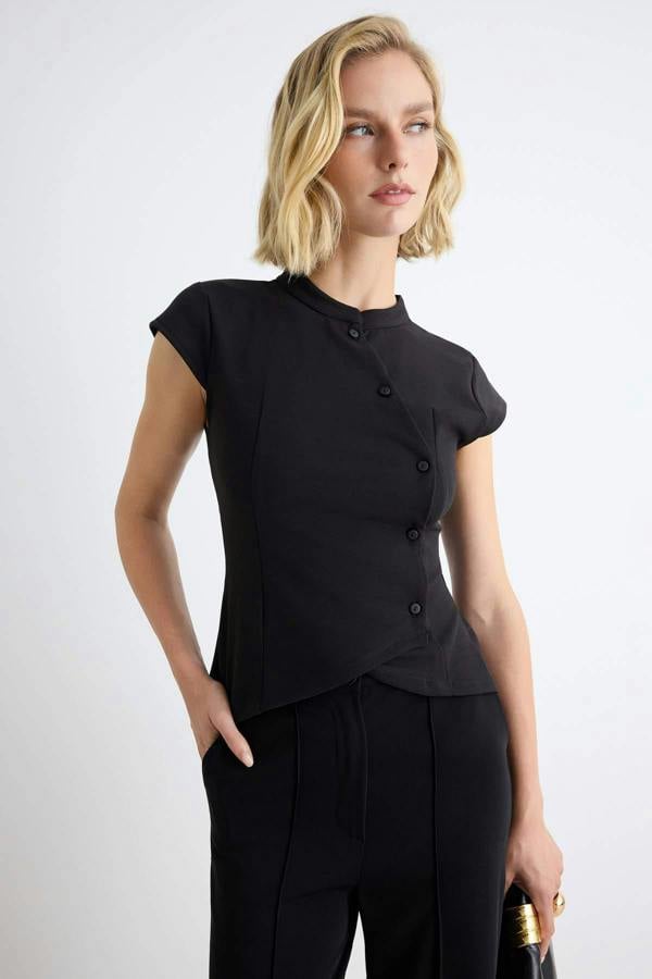 WOVCOR Fitted Mandarin Collar Bracelet Sleeve Button Detail Asymmetric Blouse