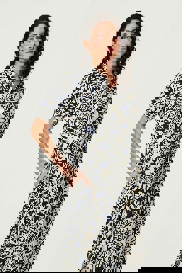 Navy | Printed 1/2 Puff Sleeve Midi Shirt Dress
