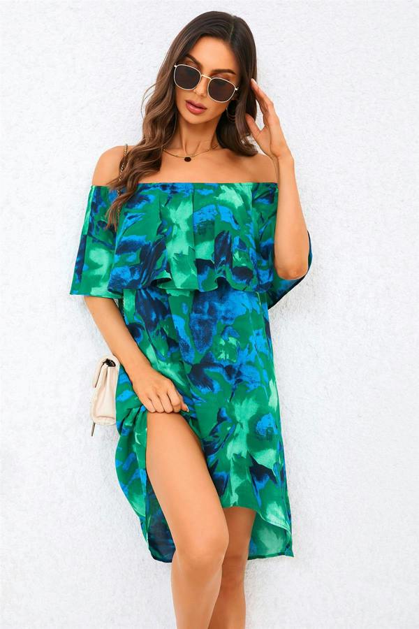 FS Collection Abstract Floral Print Bardot Frill Off Shoulder Mini Dress In Green