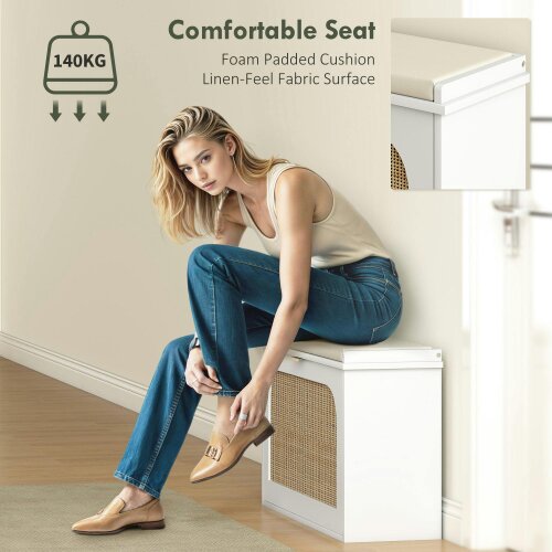 Wyld Haus Kekami Wooden White Boho Style Shoe Bench With Cushioned Seat And Flip Drawer