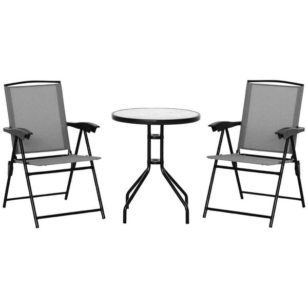 3 Piece Outdoor Bistro Set, Patio Conversation Furniture Set with 2 Folding Backrest Adjustable Armchairs and Glass Top Coffee Table, Grey