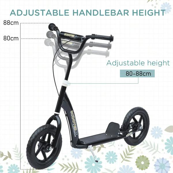 Black kick scooter with adjustable handlebar height and wide foot deck