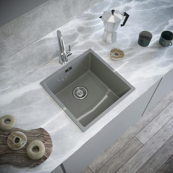 Flode Vänern | 1.0 Bowl Comite Kitchen Sink | 440mm x 440mm x 211mm | Inset or Undermounted | Strainer Waste Supplied | Gloss Grey Finish
