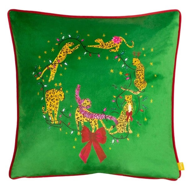 Furn Purrfect Velvet Leaping Leopards Cushion Cover - Green/Gold/Red