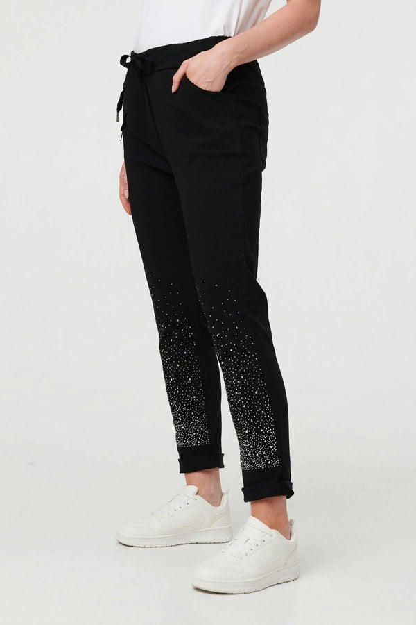 Black | Diamante Detail Slim Cropped Trousers
